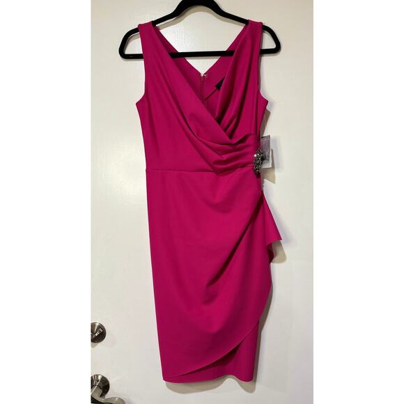 Alex Evenings Side Ruched Cocktail Dress Fuschia Sz. 6 NWT Embellished Faux Wrap - Picture 2 of 12